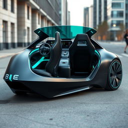 An electric car designed with two back-to-back seats that closely resemble the cockpit of a fighter jet