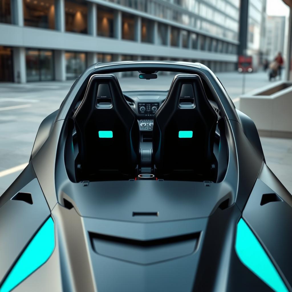 An electric car designed with two back-to-back seats that closely resemble the cockpit of a fighter jet