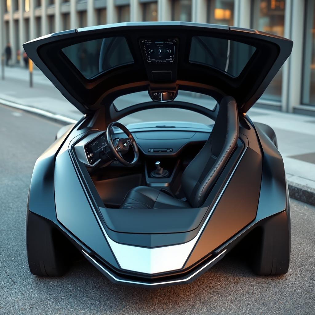An electric car designed with a single seat, resembling the cockpit of a fighter jet