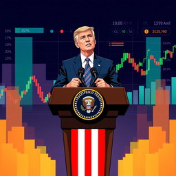 A vector illustration of the USA president standing at a podium, delivering a speech