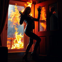A stunning woman in tight black leather clothing, wearing a fitted leather jacket, gloves, leggings, and high-heeled leather boots