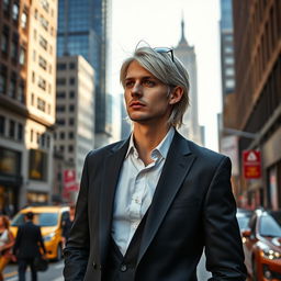 A portrait of an adult man resembling Kurt Cobain, with striking silver hair, dressed in a stylish, modern business suit
