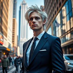 A portrait of an adult man resembling Kurt Cobain, with striking silver hair, dressed in a stylish, modern business suit