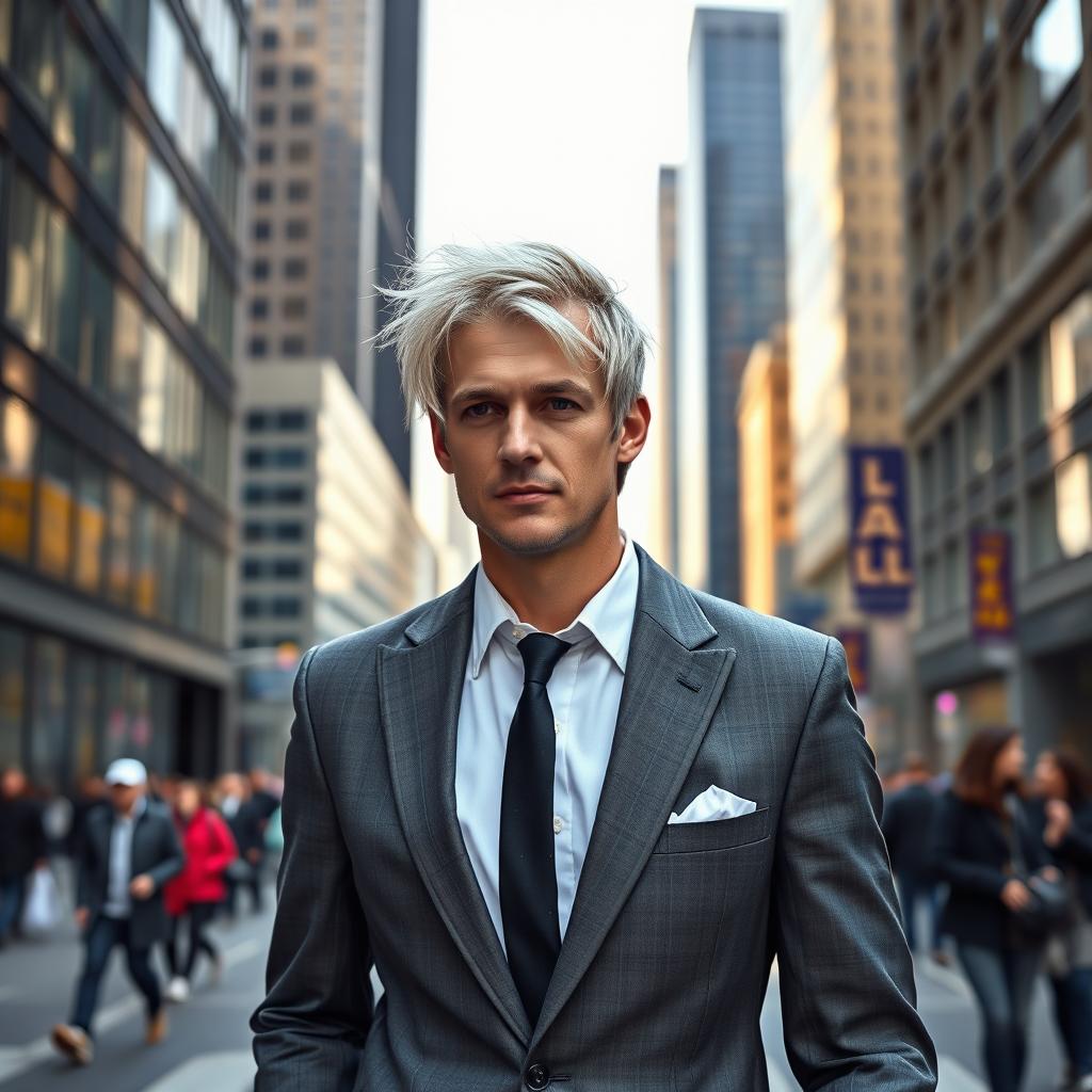 A portrait of an adult man resembling Kurt Cobain, with striking silver hair, dressed in a stylish, modern business suit
