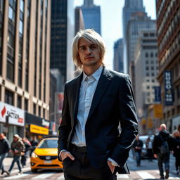 A portrait of an adult man resembling Kurt Cobain, with striking silver hair, dressed in a stylish, modern business suit