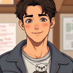 A realistic anime-style portrait of Jake, a 25-year-old young man with a simple yet charming appearance