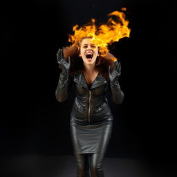 A terrified woman, completely engulfed in flames, screaming in horror
