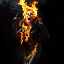 A terrified woman, completely engulfed in flames, screaming in horror