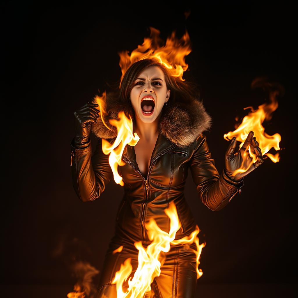 A terrified woman, completely engulfed in flames, screaming in horror