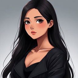 A realistic anime-style portrait of Sonia, a 23-year-old young woman with an undeniable presence