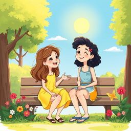 A charming illustration of two girls having a lively conversation in a cozy park setting