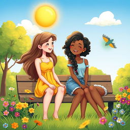 A charming illustration of two girls having a lively conversation in a cozy park setting