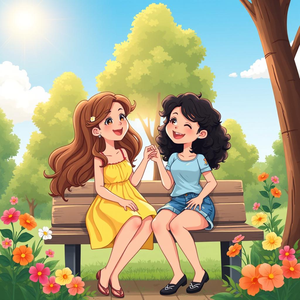 A charming illustration of two girls having a lively conversation in a cozy park setting