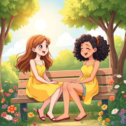 A charming illustration of two girls having a lively conversation in a cozy park setting