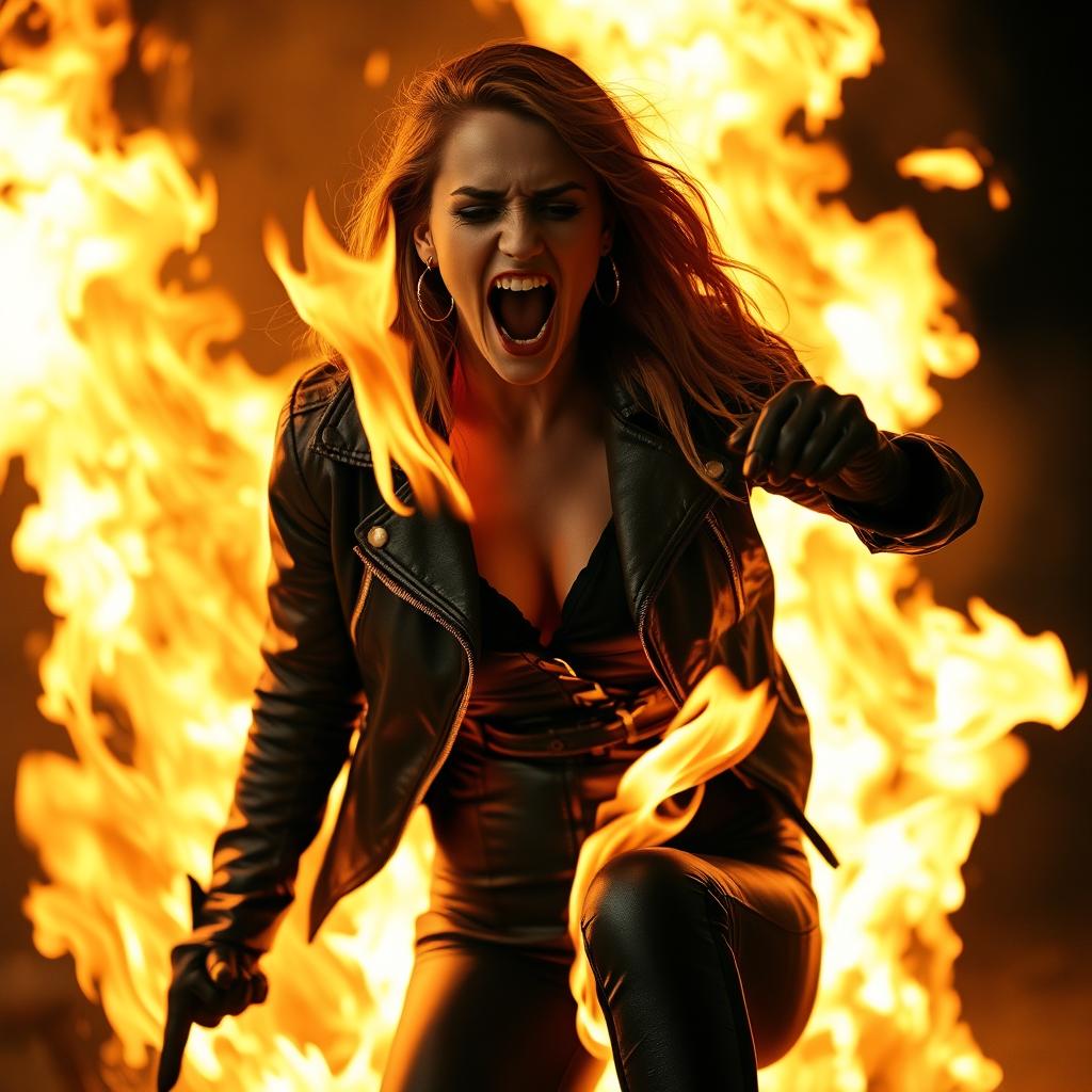 A woman in leather leggings, leather gloves, and a leather jacket engulfed in flames, with only a small amount of her outfit visible due to the fire