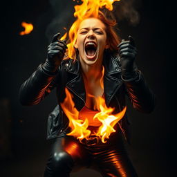 A woman in leather leggings, leather gloves, and a leather jacket engulfed in flames, with only a small amount of her outfit visible due to the fire