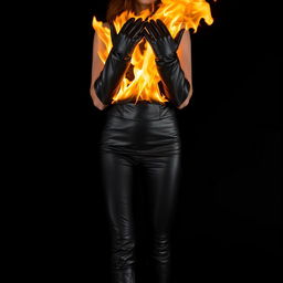 A striking image of a woman whose upper body is engulfed in flames, creating a dramatic and intense atmosphere