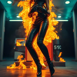 A stunning scene featuring an upper body of a woman engulfed in flames, with only shiny leather gloves visible around her arms and head