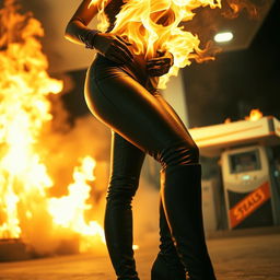 A stunning scene featuring an upper body of a woman engulfed in flames, with only shiny leather gloves visible around her arms and head