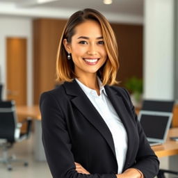 A professional woman in a formal suit, exuding confidence and sophistication, standing in a modern office environment