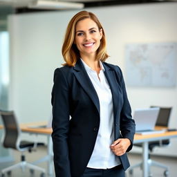 A professional woman in a formal suit, exuding confidence and sophistication, standing in a modern office environment