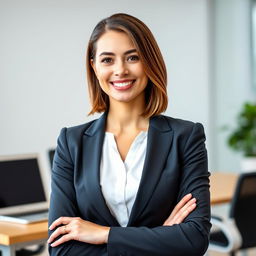 A professional woman in a formal suit, exuding confidence and sophistication, standing in a modern office environment