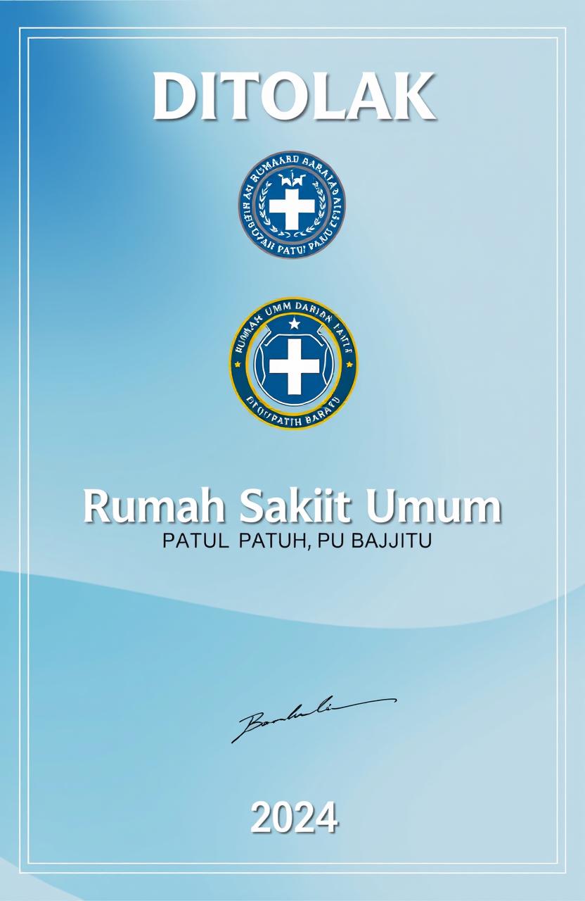 A modern and clean design for a public hospital certificate, featuring the emblem of the "Rumah Sakit Umum Daerah Patut Patuh Pajtu" in Lombok Barat, with the text 'DITOLAK' prominently displayed at the top