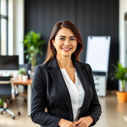 A professional woman in a formal suit, replacing a tuxedo with a tailored business attire, showcasing a polished and ready-for-work appearance