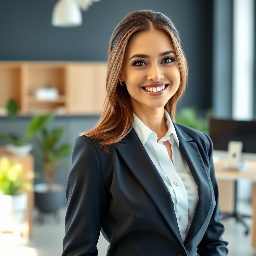 A professional woman in a formal suit, replacing a tuxedo with a tailored business attire, showcasing a polished and ready-for-work appearance
