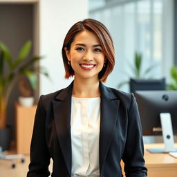 A professional woman in a formal suit, replacing a tuxedo with a tailored business attire, showcasing a polished and ready-for-work appearance