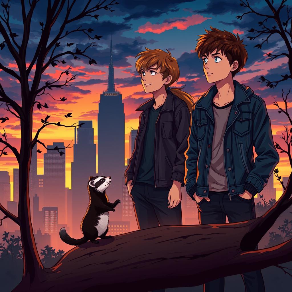 A stunning book cover in a realistic anime style featuring a captivating blend of the New York City skyline silhouette with dark and warm hues of a sunset, symbolizing Jake's new beginning in the city