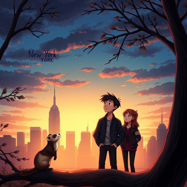 A stunning book cover in a realistic anime style featuring a captivating blend of the New York City skyline silhouette with dark and warm hues of a sunset, symbolizing Jake's new beginning in the city