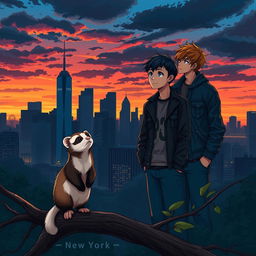 A stunning book cover in a realistic anime style featuring a captivating blend of the New York City skyline silhouette with dark and warm hues of a sunset, symbolizing Jake's new beginning in the city