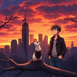 A stunning book cover in a realistic anime style featuring a captivating blend of the New York City skyline silhouette with dark and warm hues of a sunset, symbolizing Jake's new beginning in the city