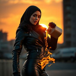 A beautiful woman in a black shiny leather jacket and tight leather leggings, wearing a hijab and niqab