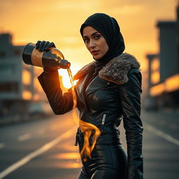 A beautiful woman in a black shiny leather jacket and tight leather leggings, wearing a hijab and niqab