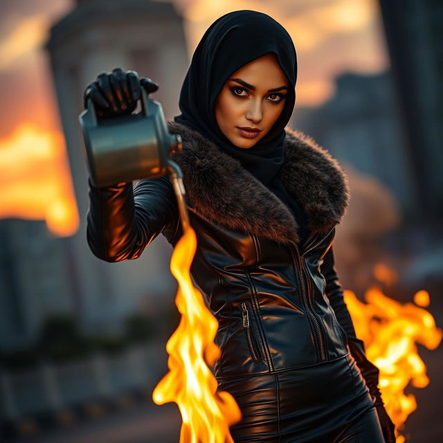 A beautiful woman in a black shiny leather jacket and tight leather leggings, wearing a hijab and niqab