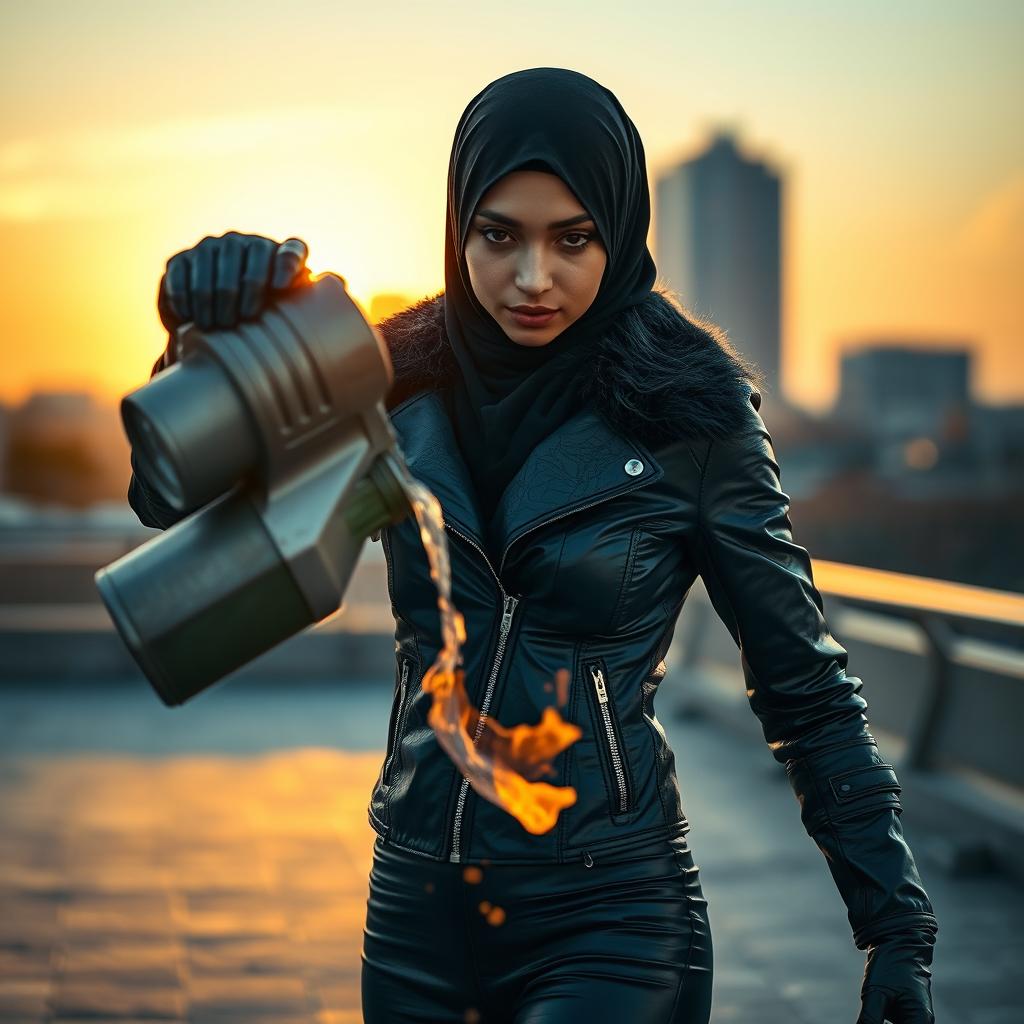 A beautiful woman in a black shiny leather jacket and tight leather leggings, wearing a hijab and niqab