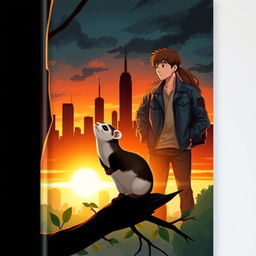 A captivating book cover in a realistic anime style, featuring a striking blend of the New York City skyline silhouette with dark and warm hues reminiscent of a sunset, symbolizing Jake's new beginning in the city