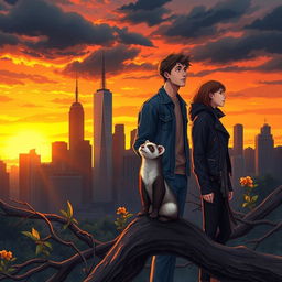 A captivating book cover in a realistic anime style, featuring a striking blend of the New York City skyline silhouette with dark and warm hues reminiscent of a sunset, symbolizing Jake's new beginning in the city