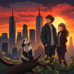 A captivating book cover in a realistic anime style, featuring a striking blend of the New York City skyline silhouette with dark and warm hues reminiscent of a sunset, symbolizing Jake's new beginning in the city