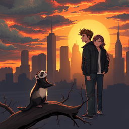 A captivating book cover in a realistic anime style, featuring a striking blend of the New York City skyline silhouette with dark and warm hues reminiscent of a sunset, symbolizing Jake's new beginning in the city