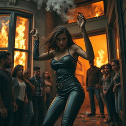 A dramatic scene depicting a woman in tight leather clothing, struggling in her burning home in Los Angeles