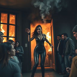 A dramatic scene depicting a woman in tight leather clothing, struggling in her burning home in Los Angeles