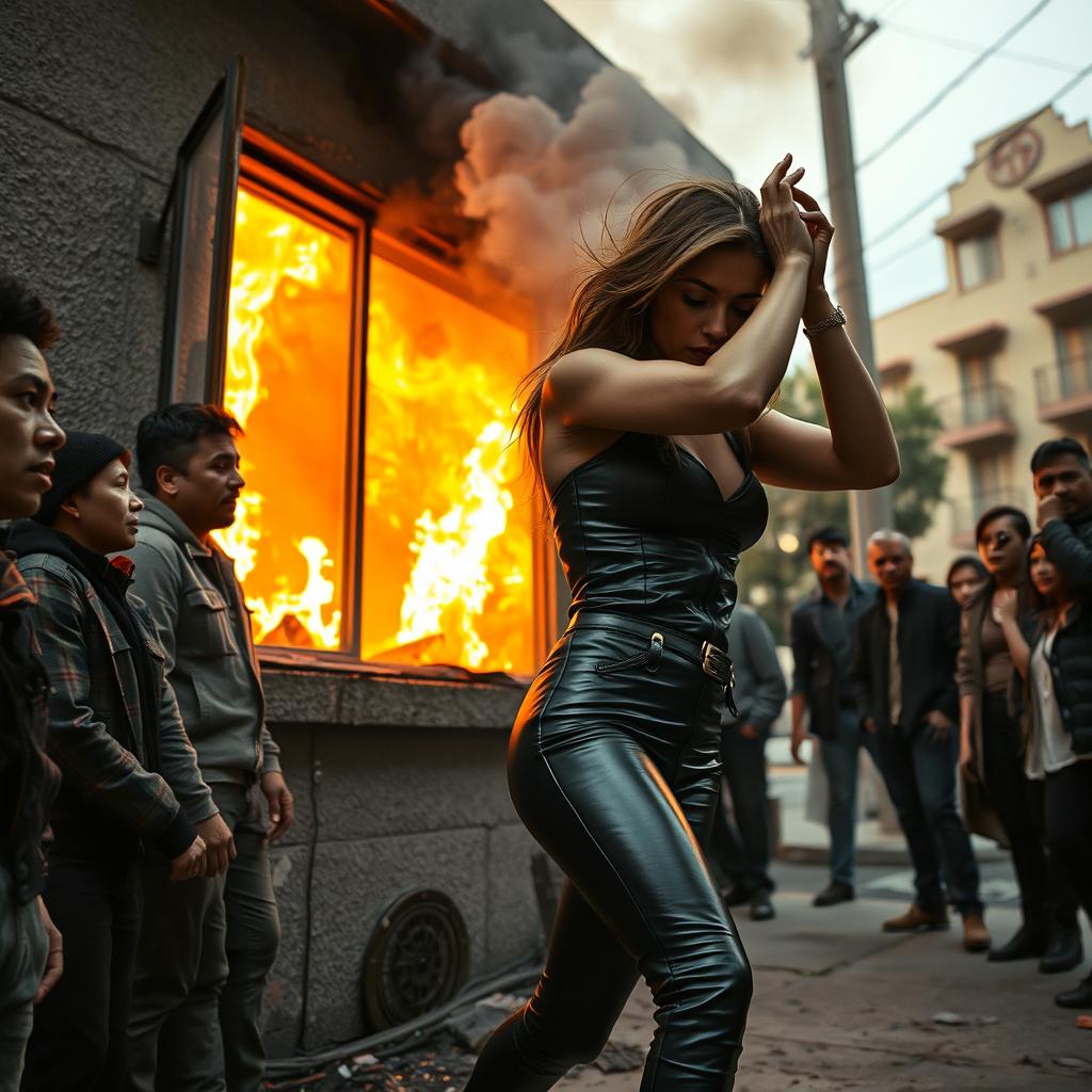 A dramatic scene depicting a woman in tight leather clothing, struggling in her burning home in Los Angeles