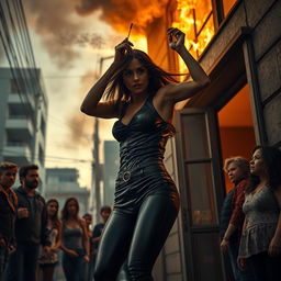 A dramatic scene depicting a woman in tight leather clothing, struggling in her burning home in Los Angeles