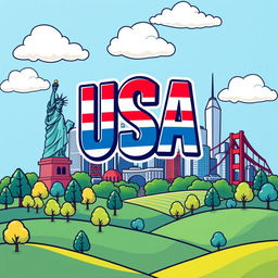 A vibrant and playful cartoon-style illustration representing a colorful background of the USA