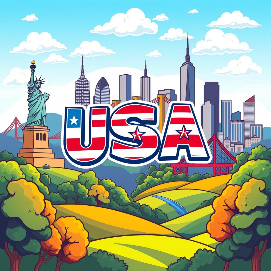 A vibrant and playful cartoon-style illustration representing a colorful background of the USA