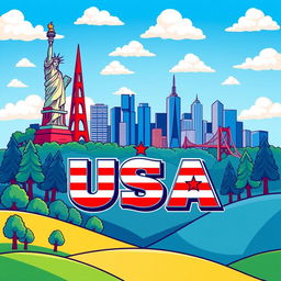 A vibrant and playful cartoon-style illustration representing a colorful background of the USA