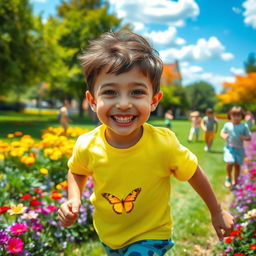A striking portrait of a young boy playing in a vibrant park, surrounded by colorful flowers and trees